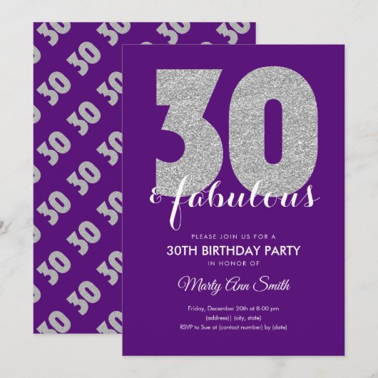 Zilver Paarse glitter 30 en feestdag Kaart (Voorkant / Achterkant)