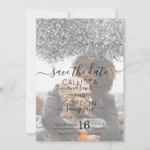 Zilver Paarse Glitter Confetti Foto Bruiloft Save The Date (Voorkant)