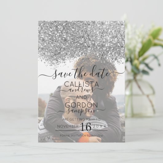 Zilver Paarse Glitter Confetti Foto Bruiloft Save The Date (Staand voorkant)