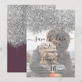 Zilver Paarse Glitter Confetti Weddenschap Save The Date (Voorkant / Achterkant)