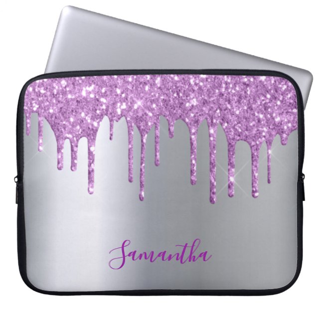 Zilver paarse glitter drip naam girly laptop sleeve (Voorkant)