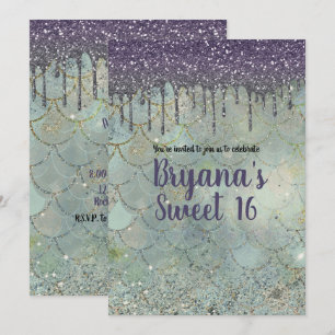Zilver Paarse Glitter Drip Zeemeermin Sweet 16 Fee Kaart