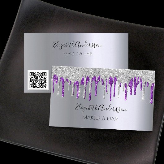 Zilver paarse glitter druppelt make-up haar QR-cod Visitekaartje