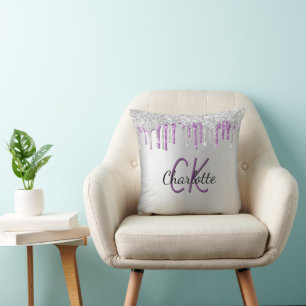 Zilver paarse glitter druppelt monogram naam kussen
