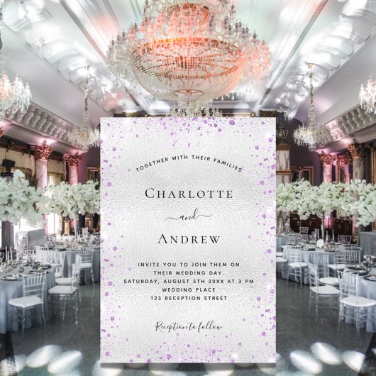 Zilver paarse glitter elegant bruiloft kaart