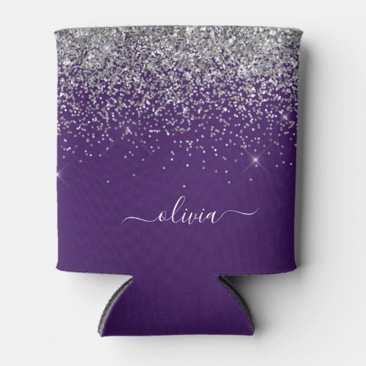 Zilver Paarse Glitter Girly Monogram Naam Blikjeskoeler (Voorkant)