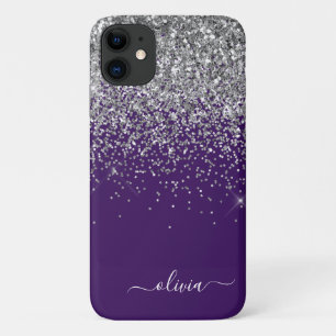 Zilver Paarse Glitter Girly Monogram Naam Case-Mate iPhone Case