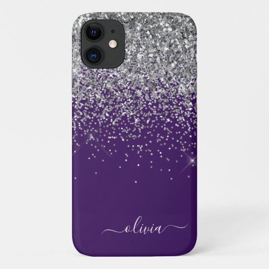 Zilver Paarse Glitter Girly Monogram Naam Case-Mate iPhone Case (Achterkant)