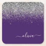 Zilver Paarse Glitter Girly Monogram Naam Kartonnen Onderzetters<br><div class="desc">Paarse en Zilveren Sparkle Glitter Manuscript noemen de Monogram van het Manuscript de Onderzetters van het Document. Dit maakt het perfecte afstuderen,  de verjaardag,  de bruiloft,  het vrijgezellenfeest,  de verjaardag,  het baby shower of het bachelorette feest cadeau voor iemand die van glam luxe en chic stijlen houdt.</div>