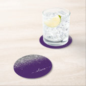 Zilver Paarse Glitter Girly Monogram Naam Ronde Kartonnen Onderzetter (Insitu)