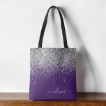 Zilver Paarse Glitter Girly Monogram Name Canvas t Tote Bag<br><div class="desc">Paarse en zilveren Faux Sparkle en Glitter Elegant Monogram Book Bag. Deze Book Bag kan worden aangepast om uw initiaal en voornaam op te nemen en wordt gegeven als cadeau voor Kerstmis,  Sweet 16 Birthday,  Vrijgezellenfeest of een bruiloft.</div>