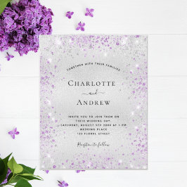 Zilver paarse glitter metal elegant bruiloft uitnodiging briefkaart