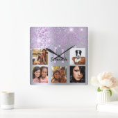 Zilver paarse glitter op basis van aangepaste foto vierkante klok (Huis)