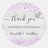 Zilver paarse glitter sparkles bedankt bruiloft ronde sticker (Voorkant)