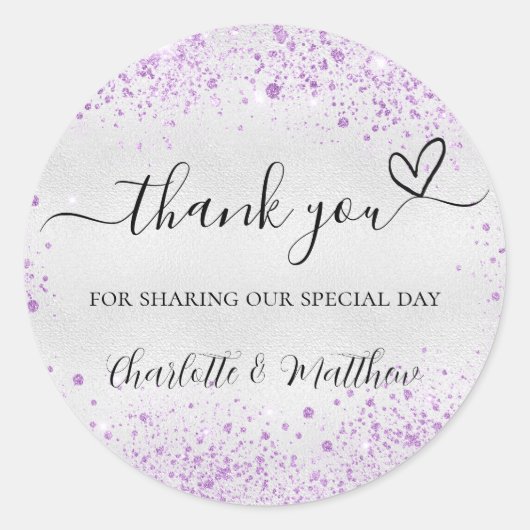 Zilver paarse glitter sparkles bedankt bruiloft ronde sticker (Voorkant)