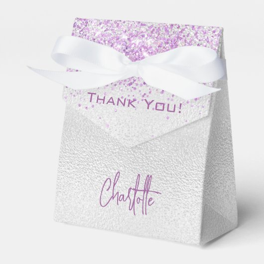 Zilver paarse glitter sparkles name bedankt bedankdoosjes (Voorkant Zijde)