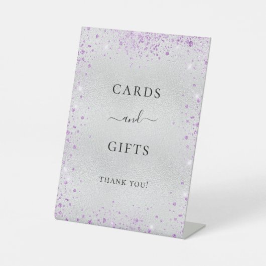 Zilver paarse glitter-stofkaartjes bord reclamebord met voetstuk (Voorkant)