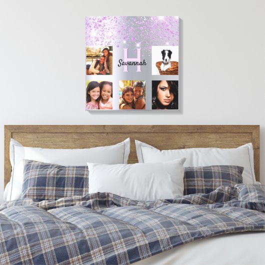 Zilver paarse glitterfotocollage canvas afdruk (Insitu (Slaapkamer))