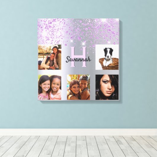 Zilver paarse glitterfotocollage canvas afdruk (Insitu (Houten vloer))