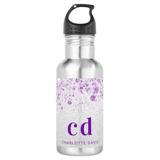 Zilver paarse glittermonogram initialen waterfles (Voorkant)