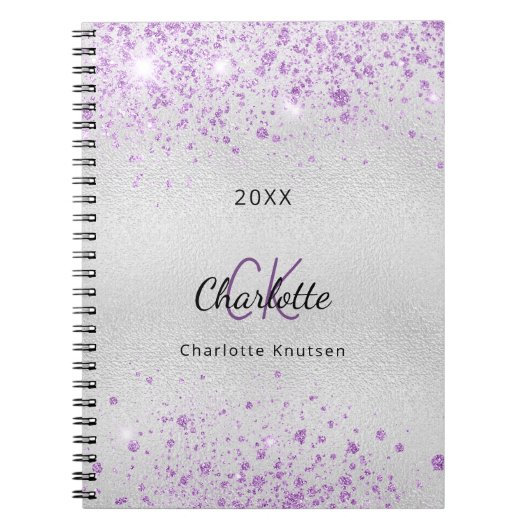 Zilver paarse glitternaam monogram elegant notitieboek (Voorkant)