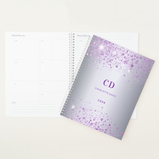 Zilver paarse glitters monogram naam planner (Display)
