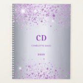 Zilver paarse glitters monogram naam planner (Voorkant)