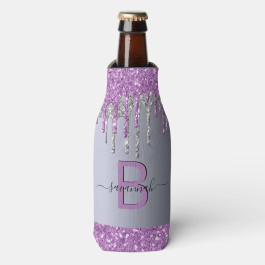 Zilver paarse glitters monogram naam verjaardag flesjeskoeler (Fles Voorkant)