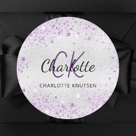 Zilver paarse glitterscherfjes monogram initiaal n ronde sticker