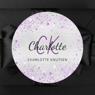 Zilver paarse glitterschuim monogram initialen naa ronde sticker