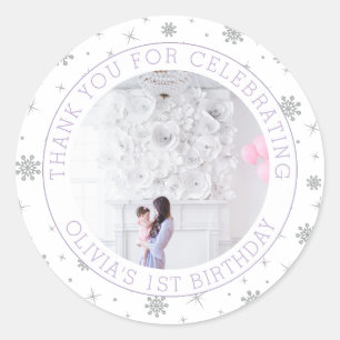 Zilver & Paarse Sneeuwvlok 1e Verjaardagsfeestje F Ronde Sticker