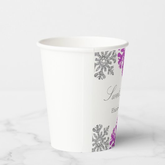 Zilver Paarse Snowflake Winter Sweet 16 Papieren Bekers (Rechts)
