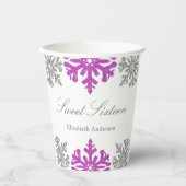 Zilver Paarse Snowflake Winter Sweet 16 Papieren Bekers (Voorkant)