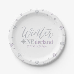Zilver & Paarse Winter Onederland Verjaardagsfeest Papieren Bordje