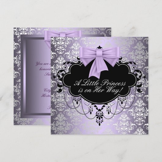 Zilver Paarse Zwart Prinses Baby Meisje Douche Kaart (Voorkant / Achterkant)