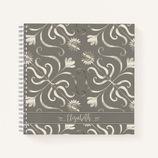 Zilver & Pearl Floral Damask Sunflower Classy Grey Notitieboek (Voorkant)