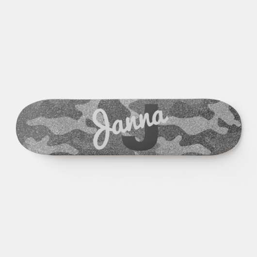 Zilver & Pewter Camouflage Glitter Monogrammed Persoonlijk Skateboard (Horizontaal)