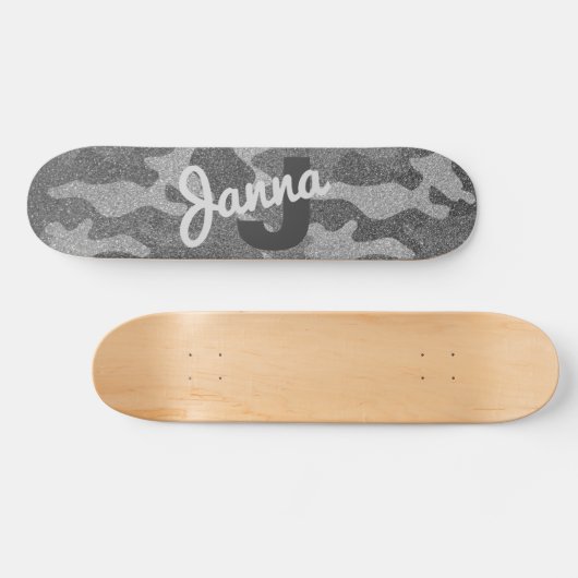 Zilver & Pewter Camouflage Glitter Monogrammed Persoonlijk Skateboard (Horizontaal)