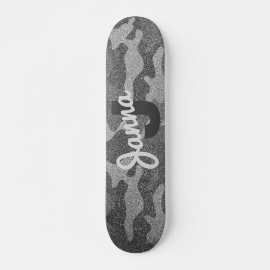 Zilver & Pewter Camouflage Glitter Monogrammed Persoonlijk Skateboard (Voorkant)