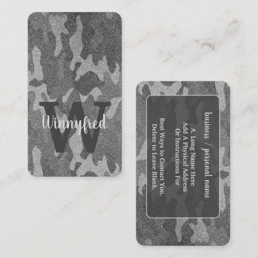 Zilver & Pewter Camouflage Glitter Monogrammed Visitekaartje (Voorkant / Achterkant)