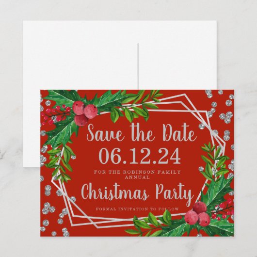 Zilver Red Kerstmis Opslagdatum Holly Glitter Aankondigingskaart (Voorkant / Achterkant)