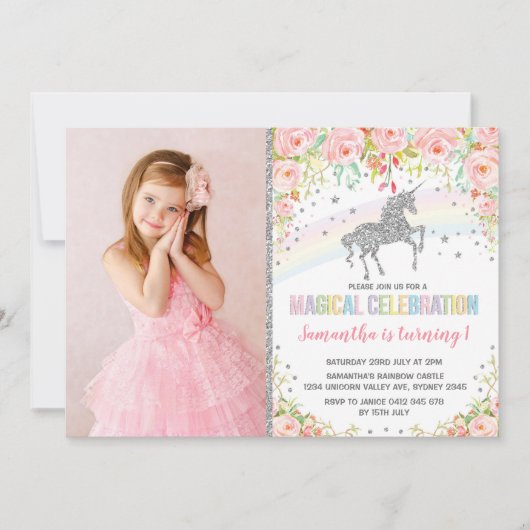 Zilver Regenboog Eenhoorn Roze Bloemige Verjaardag Kaart (Voorkant)