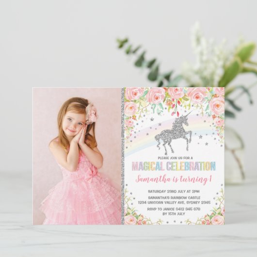 Zilver Regenboog Eenhoorn Roze Bloemige Verjaardag Kaart (Staand voorkant)