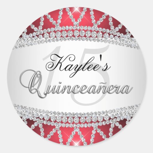Zilver & Rode Diamant Quinceanera Sticker (Voorkant)