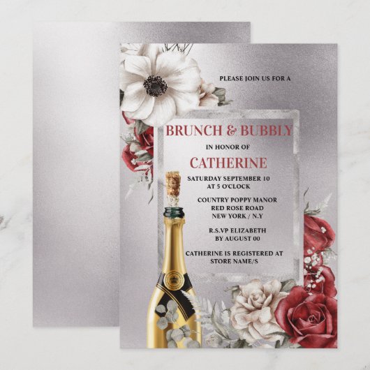 Zilver rode roze papaver mousserende wijn kaart (Voorkant / Achterkant)