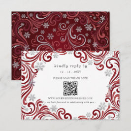 Zilver Rode Sneeuwvlokken Winter Bruiloft QR Code RSVP Kaartje
