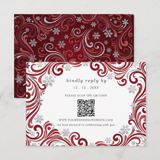 Zilver Rode Sneeuwvlokken Winter Bruiloft QR Code RSVP Kaartje (Voorkant / Achterkant)