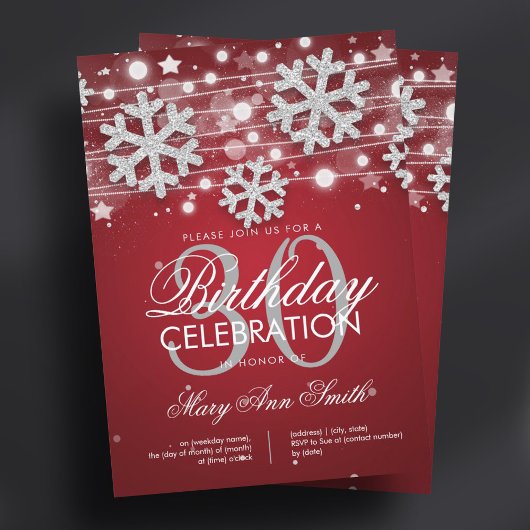 Zilver Rood 30e Verjaardag Winter Glitter Glam Kaart