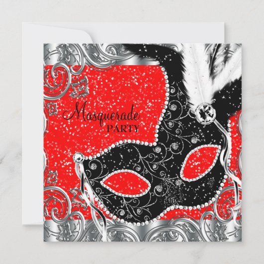 Zilver Rood en Zwart Masker Bal Kaart (Voorkant)