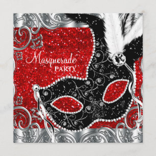 Zilver Rood en Zwart Maskerade Feestje Kaart